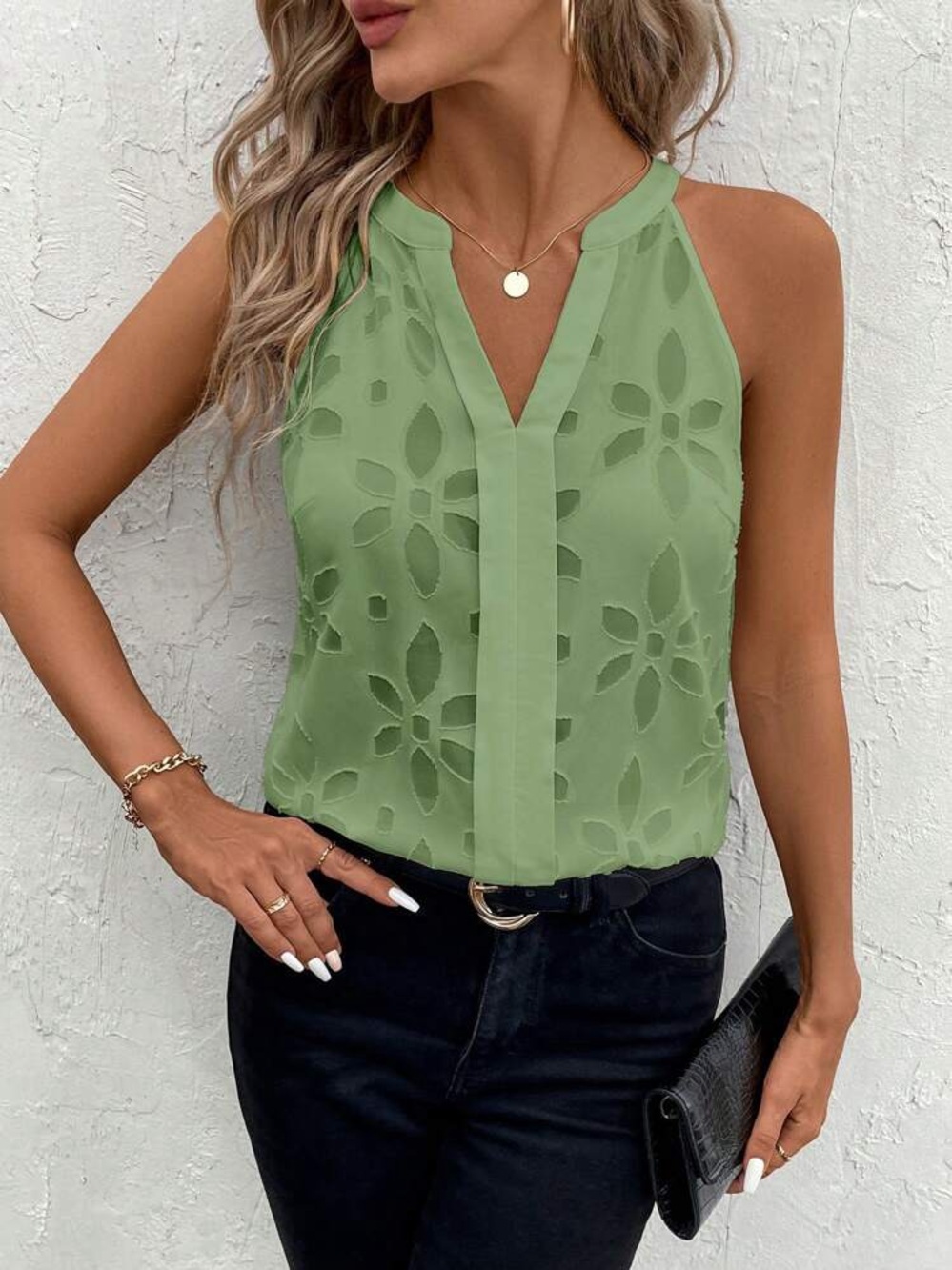 Sleeveless Eyelet V-Neck Top - Sage Green NWOT